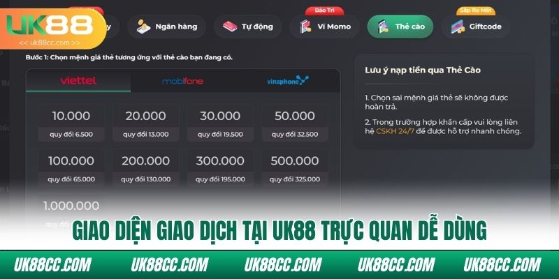 Giao diện giao dịch tại Uk88 trực quan dễ dùng